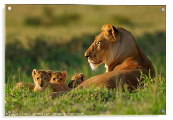 A mother lion and her cubs relax in the grass, bas Acrylic by Joaquin Corbalan