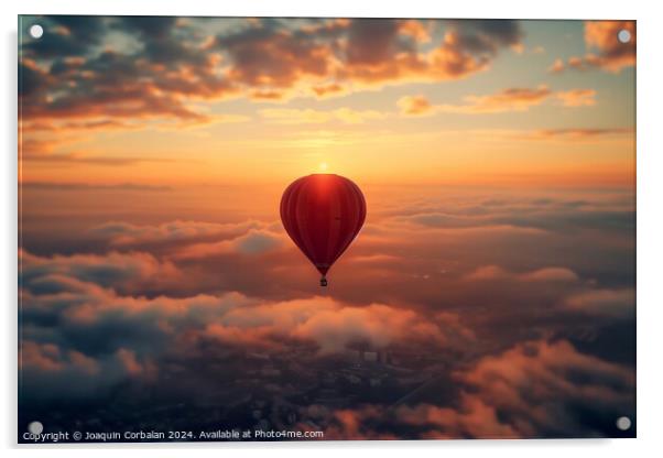A wonderful trip in a red balloon over the clouds at sunset, copy space. Acrylic by Joaquin Corbalan
