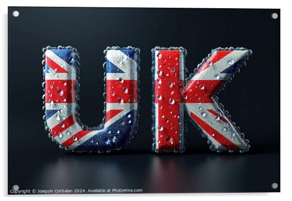 The image showcases the captivating sight of the letters UK created by ethereal water droplets, conveying a unique and artistic perspective. Acrylic by Joaquin Corbalan