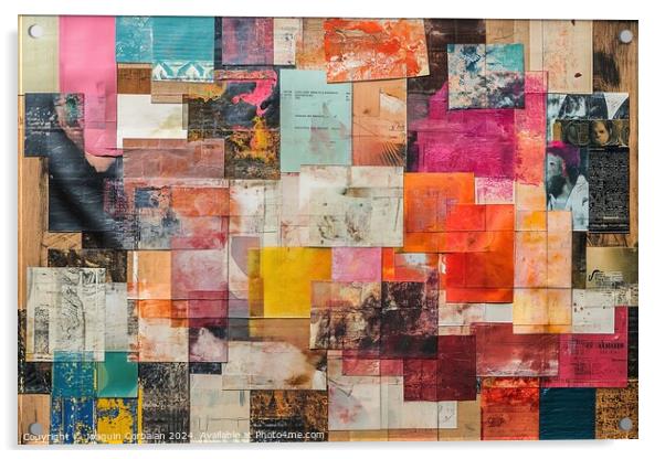 A captivating piece of art displayed on a wall, featuring a transformative collage of harmoniously blended papers, exuding vibrancy and creativity. Acrylic by Joaquin Corbalan