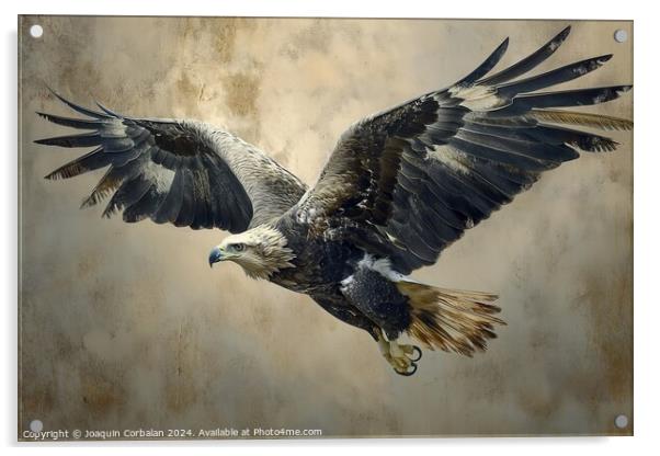 A detailed painting capturing the powerful flight of a golden eagle against a dark gray backdrop. Acrylic by Joaquin Corbalan
