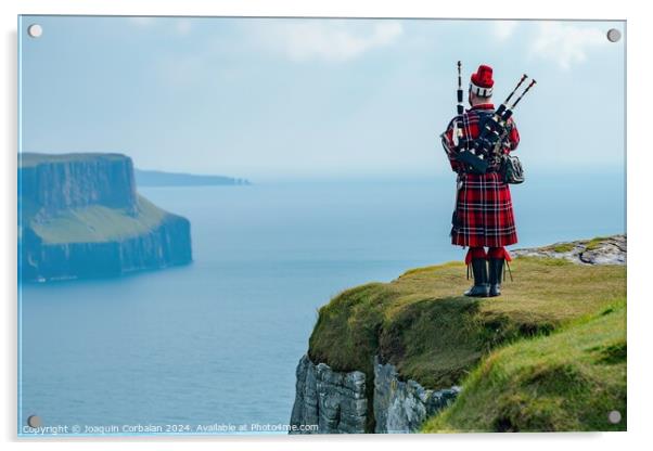 A traditional Scottish bagpiper, in full dress, near a cliff. Acrylic by Joaquin Corbalan