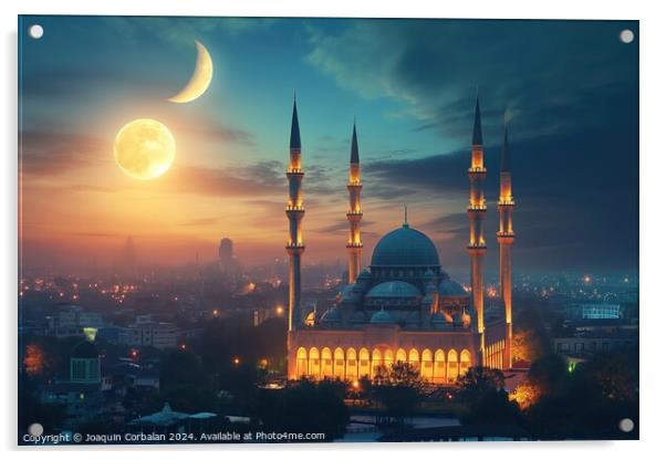 A stunning photo of a mosque bathed in light at night, with the moon shining in the background. Acrylic by Joaquin Corbalan