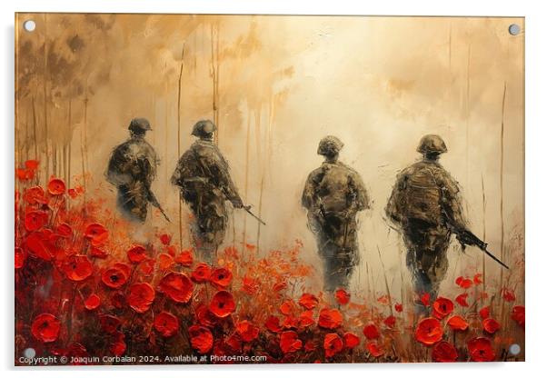 A painting depicting soldiers in a field of poppies, symbolizing patriotism and the memory of international military efforts. Acrylic by Joaquin Corbalan