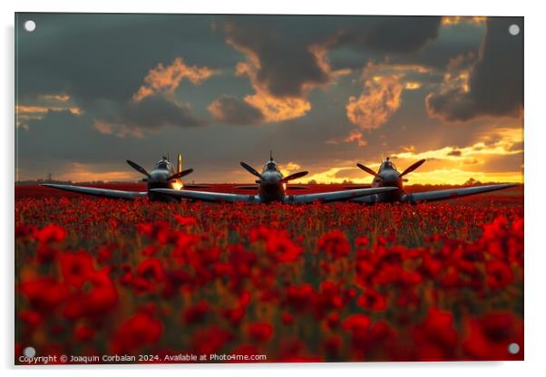 Two classic airplanes from the Battle of Britain Memorial sitting in a field filled with vibrant poppy Acrylic by Joaquin Corbalan