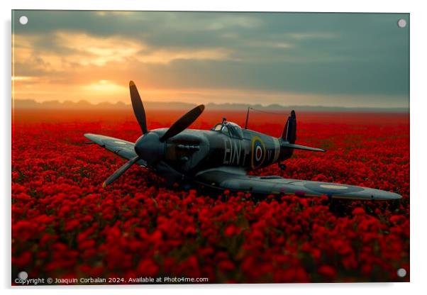 A classic aircraft peacefully sits in a vibrant field of red flowers at the Battle of Britain Memorial. Acrylic by Joaquin Corbalan