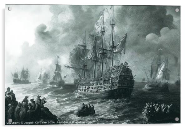 An old engraving depicting ships sailing in the ocean as people observe. Acrylic by Joaquin Corbalan
