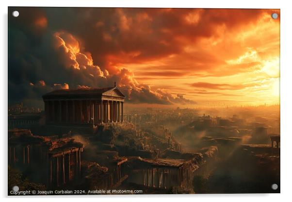 A vividly colored painting of Ancient Roma, captures a breathtaking sunset, casting warm hues over a cityscape below. Acrylic by Joaquin Corbalan