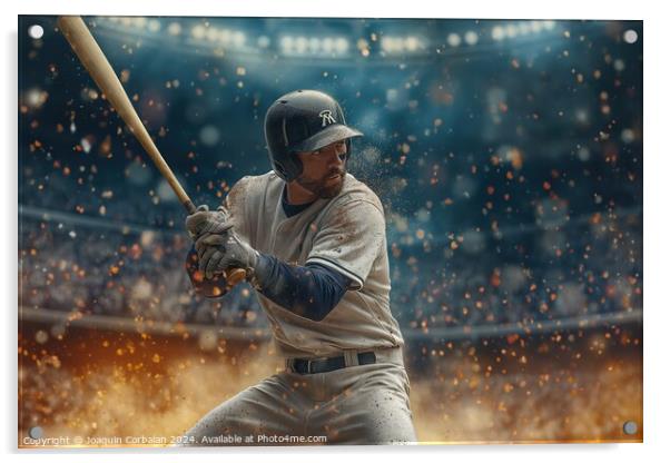 A baseball player passionately holds a bat while standing atop a field, preparing to swing. Acrylic by Joaquin Corbalan