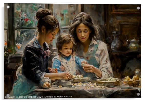 A painting depicting two women and a child engaged in an activity at a table. Acrylic by Joaquin Corbalan