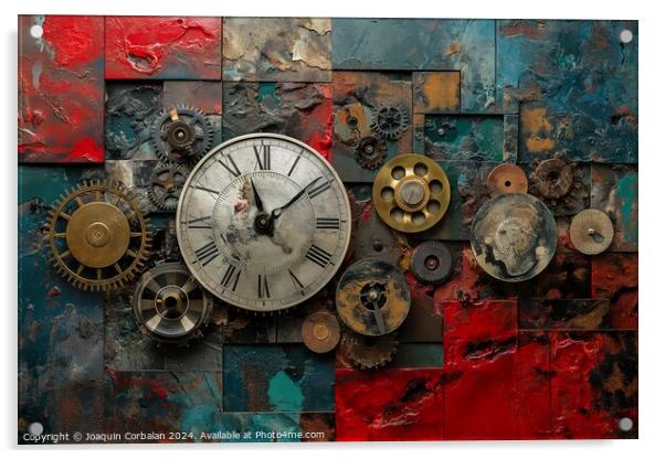 A close-up photo capturing the intricate details and composition of a clock mounted on the side of a wall. Acrylic by Joaquin Corbalan