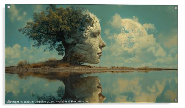 surrealistic painting featuring a tree and a mans face. The artwork showcases elements of intimacy and stillness, creating a raw and unconventional visual experience Acrylic by Joaquin Corbalan