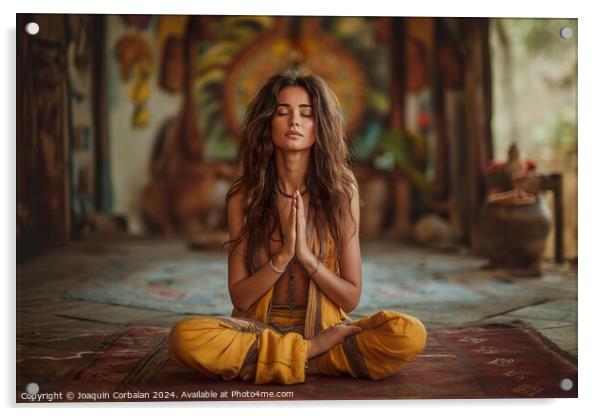 A photograph capturing a woman dressed in a yellow outfit, deep in meditation, inside a room with serene ambiance. Acrylic by Joaquin Corbalan