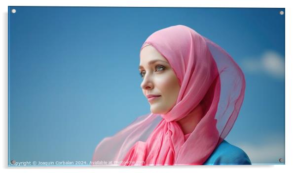 A 35-year-old woman wearing a pink scarf on her head. Acrylic by Joaquin Corbalan
