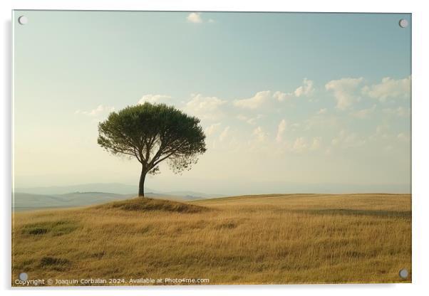 A lone tree stands on a grassy hill under a clear blue sky. Acrylic by Joaquin Corbalan