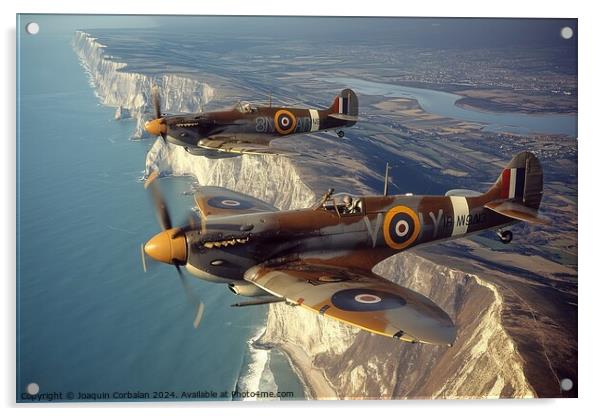 Hawker Hurricane and Supermarine Spitfire planes flying over ocean near cliff. Acrylic by Joaquin Corbalan