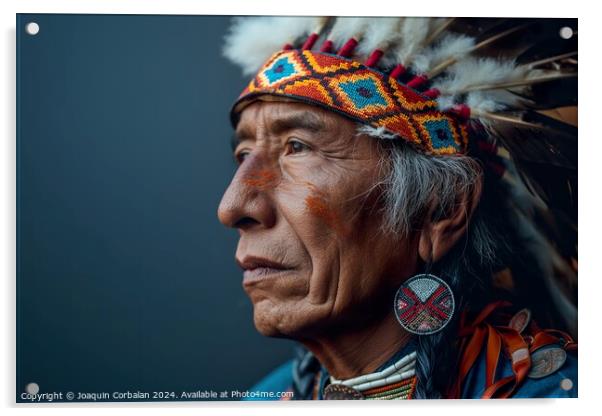 An elderly Native American man wearing a traditional headdress. Acrylic by Joaquin Corbalan