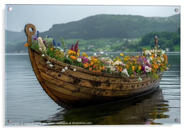 A viking boat filled with colorful flowers gently glides on the calm lake waters. Acrylic by Joaquin Corbalan
