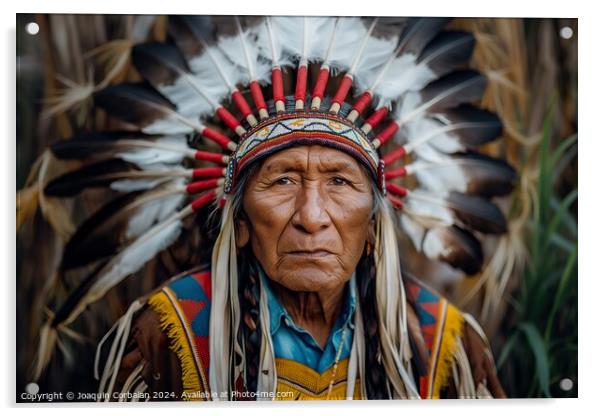 A Native American Indian man proudly wearing a traditional headdress adorned with feathers and intricate beadwork. Acrylic by Joaquin Corbalan