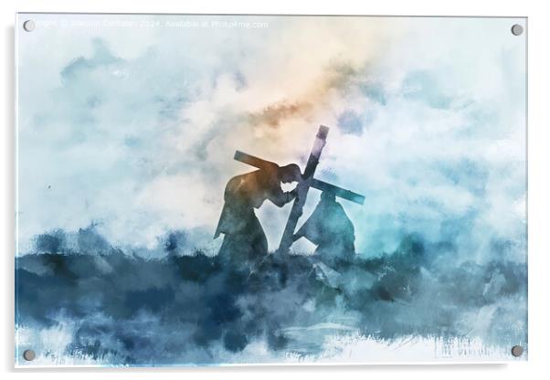 A digital watercolor painting depicting Jesus carrying a cross. Acrylic by Joaquin Corbalan