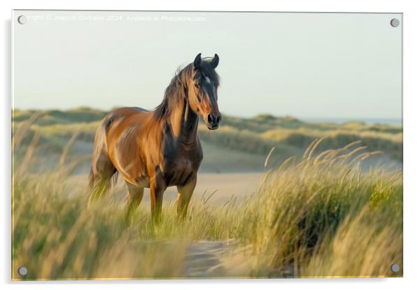 A proud bay stallion standing on a grassy field in North Sea. Acrylic by Joaquin Corbalan