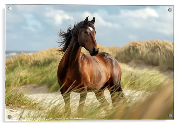 A proud brown stallion stands on a sandy beach facing the North Sea. Acrylic by Joaquin Corbalan