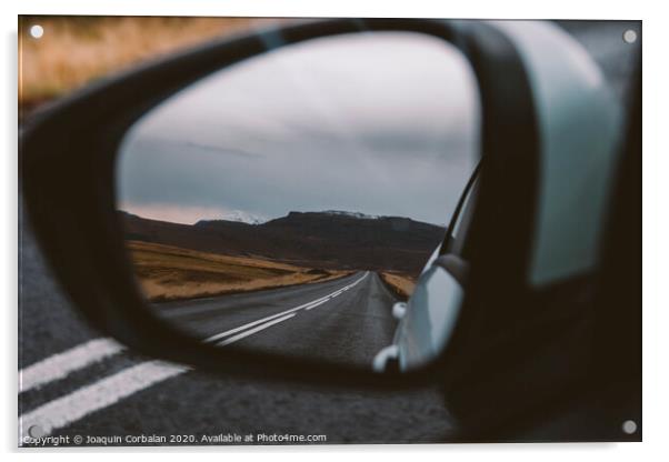 Scene of adventure travel in the mountains driving a car on the road with clouds and snow. Acrylic by Joaquin Corbalan