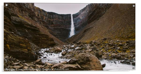 Panoramic photos of famous Icelandic waterfalls on cloudy days with geological formations. Acrylic by Joaquin Corbalan