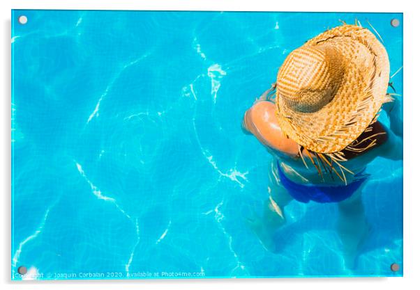 Woman in a pool with hat relaxed and rested. Acrylic by Joaquin Corbalan