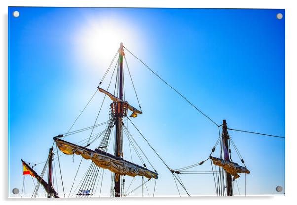Sails and ropes of the main mast of a caravel ship, Santa María Columbus ships Acrylic by Joaquin Corbalan