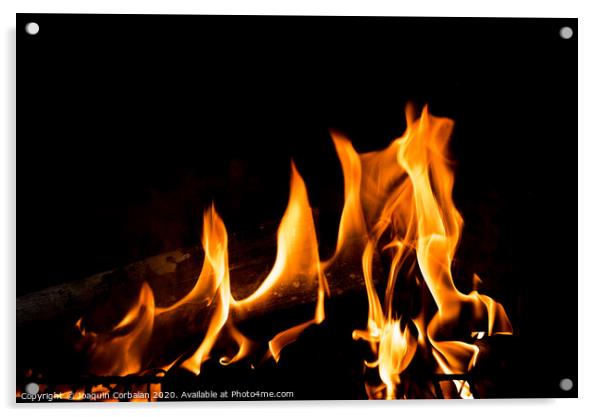 Flames in the fire of a red and yellow barbecue. Acrylic by Joaquin Corbalan