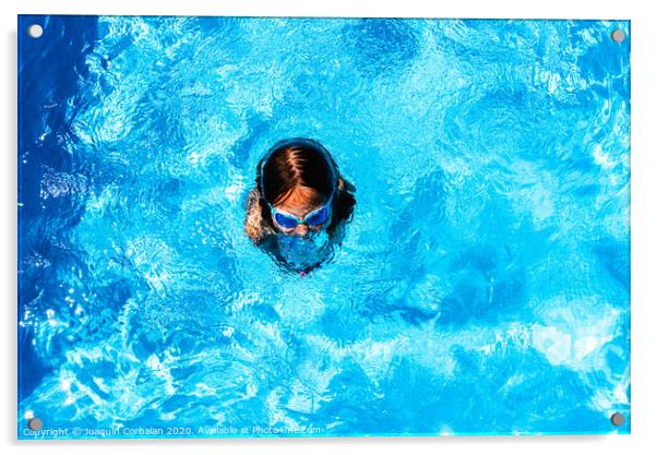 Little girl enjoying the good weather by bathing in her pool playing splashing. Acrylic by Joaquin Corbalan