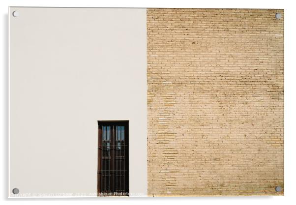 Background of a wall half white and half with bricks, divided into two halves. Acrylic by Joaquin Corbalan