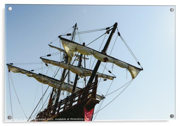 Sailboat replica of the Santa Maria boat, boat that discovered america. Acrylic by Joaquin Corbalan