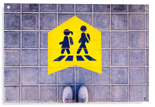 Foot standing on a street a safe way mark for children on the way to school. Acrylic by Joaquin Corbalan