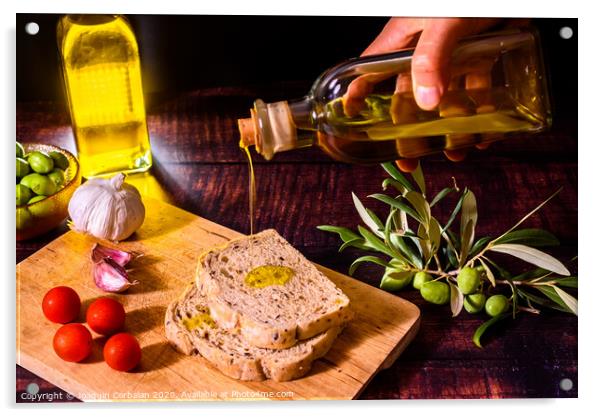 A Mediterranean cook prepares a slice of bread with virgin olive oil, tomatoes and garlic, a traditional breakfast in the Mediterranean countries. Acrylic by Joaquin Corbalan