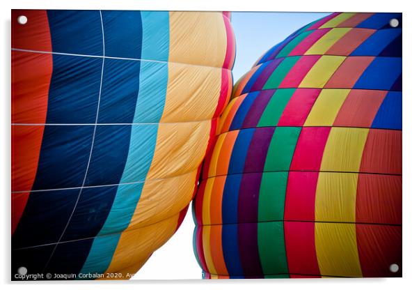 Colorful balloons flying over mountains and with blue sky Acrylic by Joaquin Corbalan