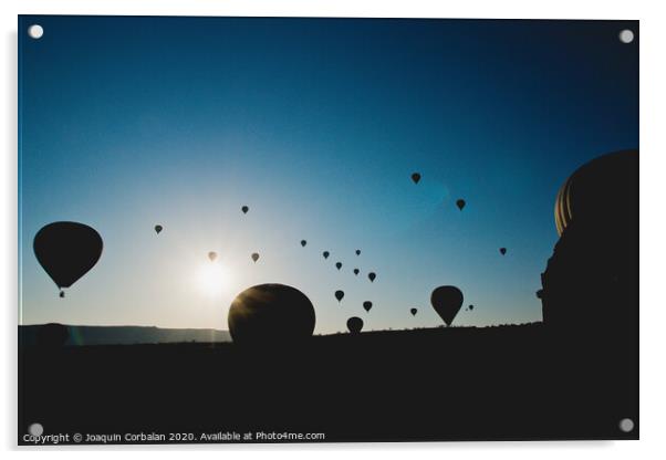 Colorful balloons flying over mountains and with blue sky Acrylic by Joaquin Corbalan