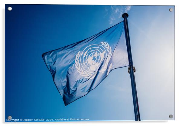 UN flag waved against the sun and blue sky. Acrylic by Joaquin Corbalan
