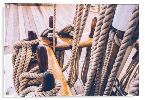Boat mooring ropes wound on a sailboat. Acrylic by Joaquin Corbalan