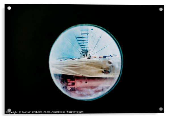 Ship moored to port seen through from inside the porthole of a ship. Acrylic by Joaquin Corbalan