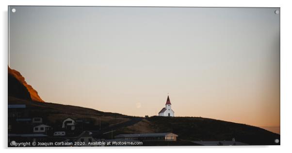 Church on top of a hill and under a mountain, with the moon in the background. Acrylic by Joaquin Corbalan