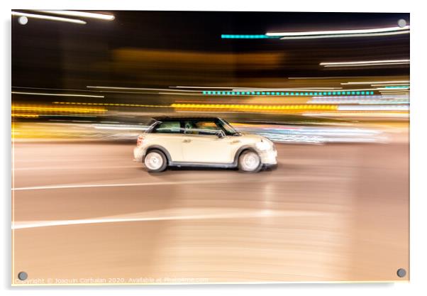 Car rolling at full speed through the city at night, image of panning, with defocused background lights. Acrylic by Joaquin Corbalan