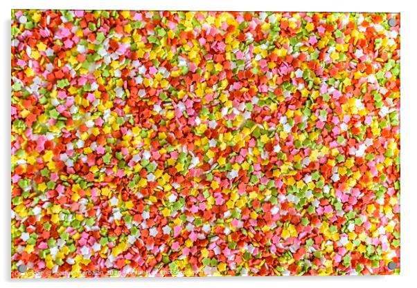 Close-up of colorful little stars made of sugar to decorate desserts, culinary background. Acrylic by Joaquin Corbalan