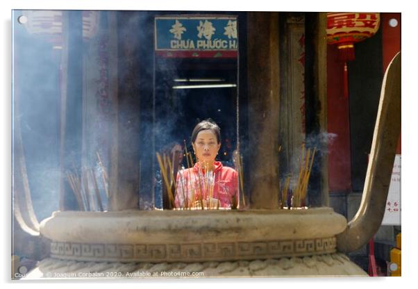 Ho Chi Ming, Vietnam - 27 October 2011: Asian religious people praying in Vietnam temple Acrylic by Joaquin Corbalan