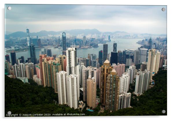 Vew of the skyscrapers and the Hong Kong Bay from above. Acrylic by Joaquin Corbalan