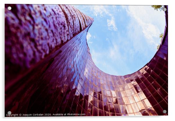 Spiral construction of tiles, with blue reflections of the sky, modernist background. Acrylic by Joaquin Corbalan