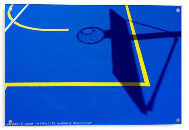 Shadow of a basketball basket on the floor of the court, painted blue and background with lines. Acrylic by Joaquin Corbalan