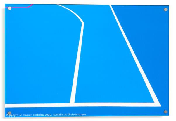 Intense blue background, from the floor of a basketball court to the midday sun, with straight lines and white curves. Acrylic by Joaquin Corbalan