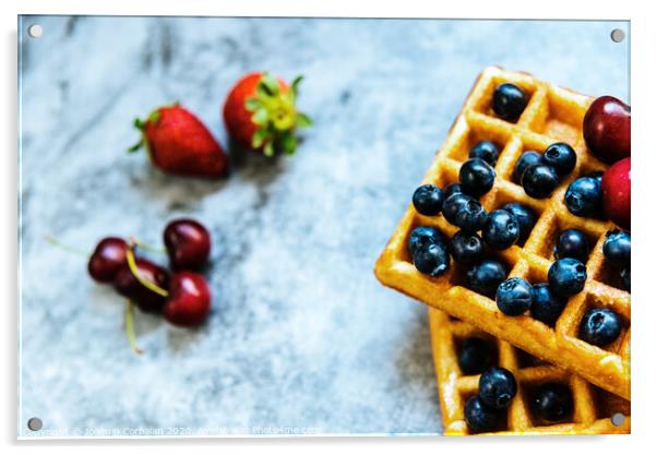 Close-up of a waffle with blueberries and strawberries with delicious aspect, isolated on abstract background with copy space for text. Acrylic by Joaquin Corbalan